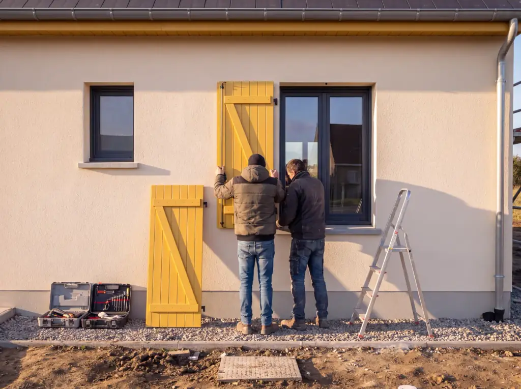 Chantier Hélion : pose des fenêtres et des volets jaunes