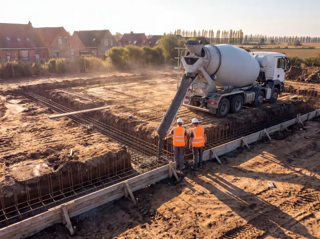 Chantier Hélion : tranchées de fondation ferraillées, une toupie à béton au fond