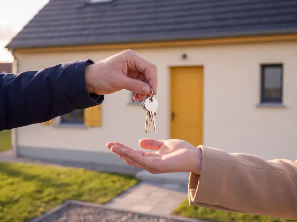 Une main tend les clés devant une maison Hélion à la porte jaune