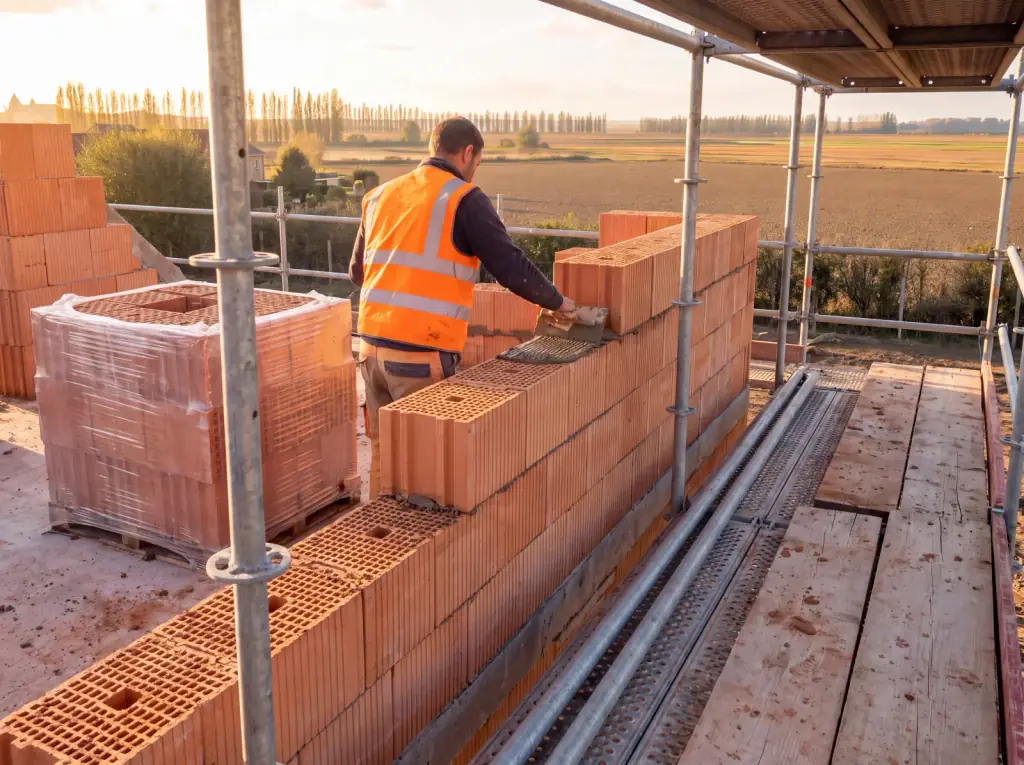 Chantier Hélion : murs en brique et échafaudage, un maçon de dos