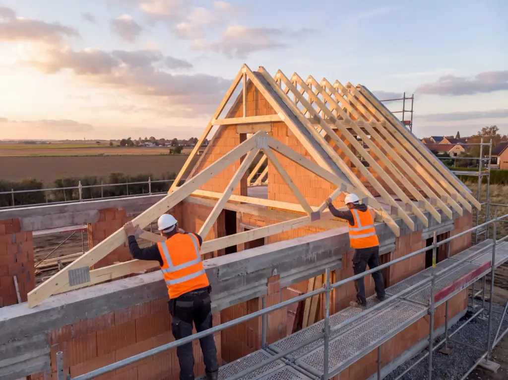 Chantier Hélion : deux charpentiers posent les fermes du toit